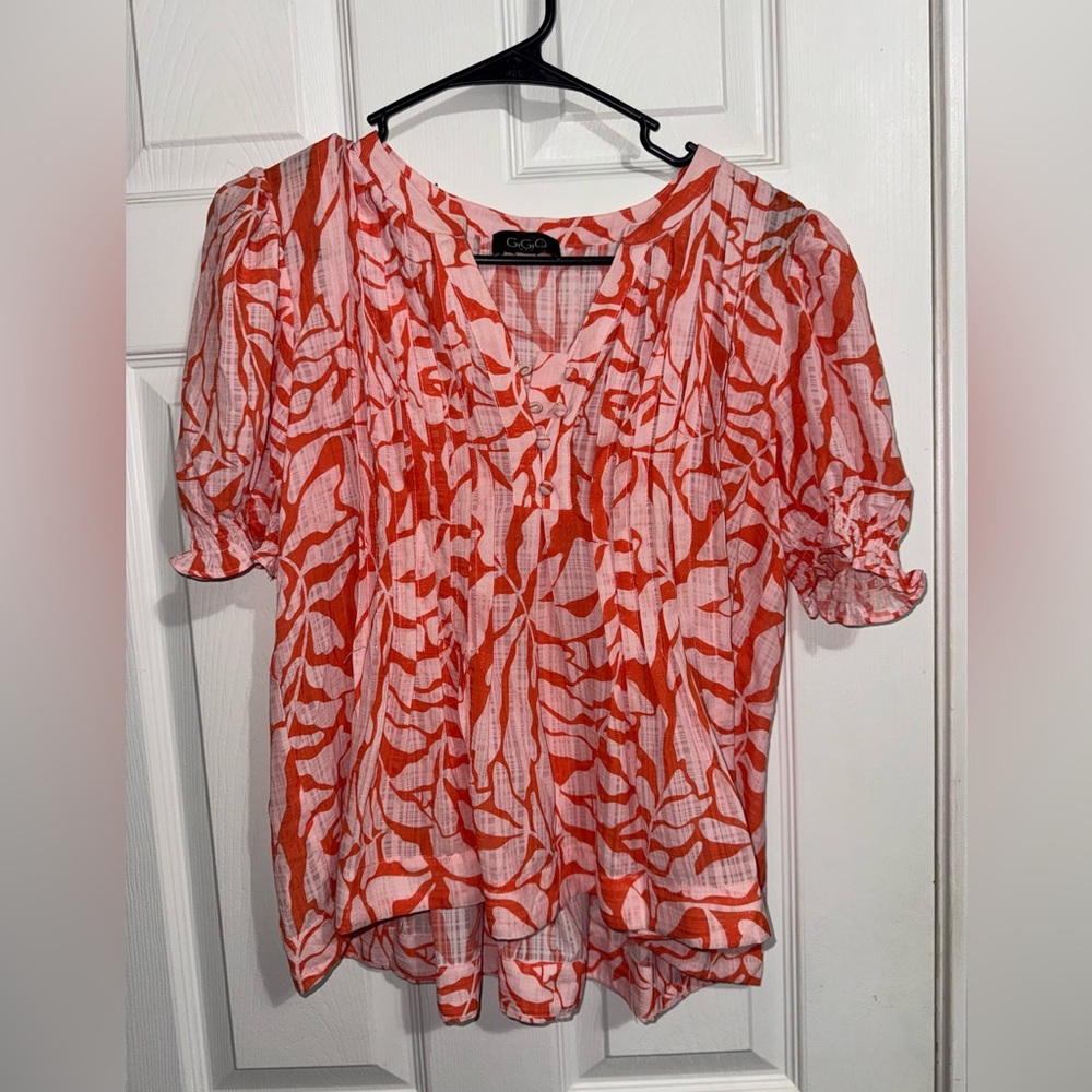 CeCe Orange Floral V-Neck Short Sleeve Blouse